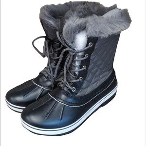 Forever Link Grey Quilted Duck Boot Winter Faux Fur Trim Mid Calf Lace Up